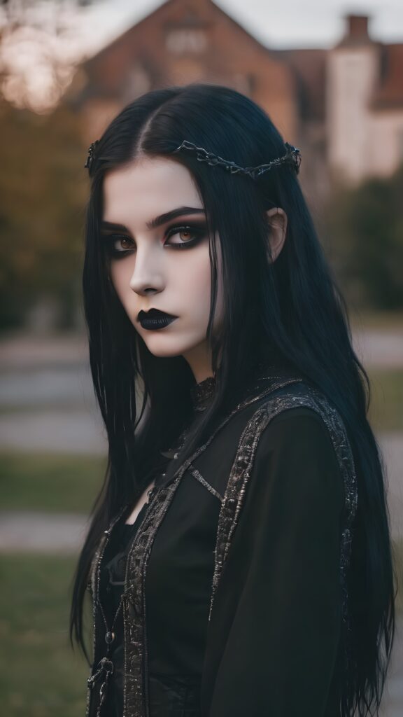 attractice teen goth girl, detailed face and hair, full body, perfect curved body