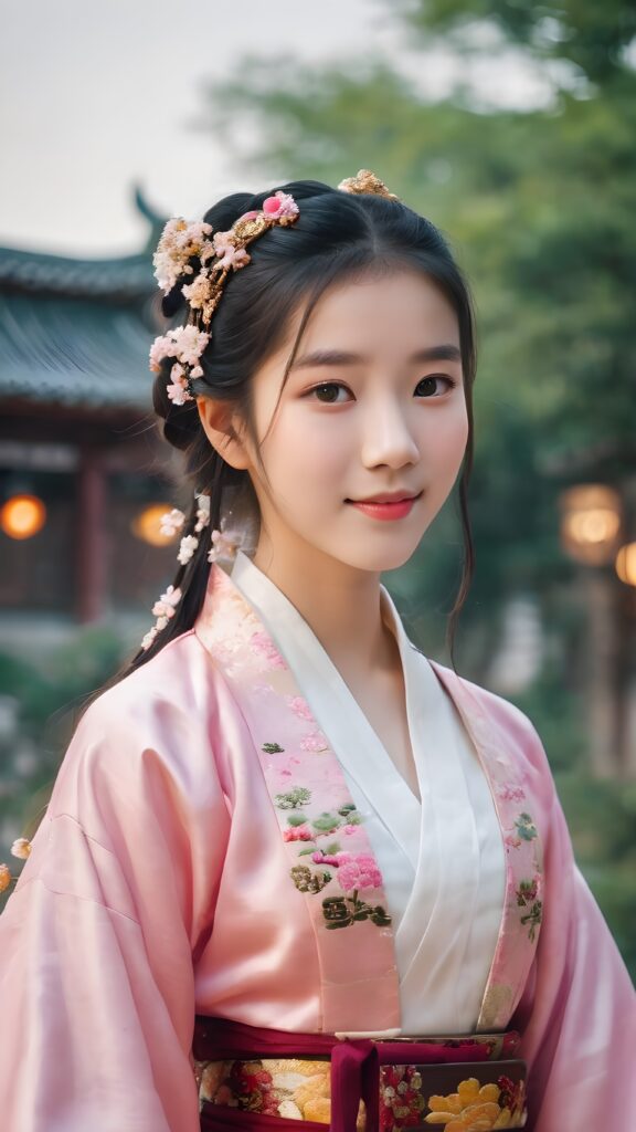 realistic cute hanfu teen girl, realistic and detailed eyes, smile, detailed face, cinematic lights, full body