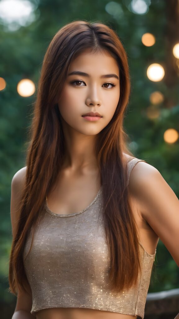 super realistic, cinematic lights, detailed face, perfect curved body, cute 16 years old asia girl, long detailed straight amber hair, brown detailed eyes, wear short tight tank top, looks sadly at the camera, portrait shot