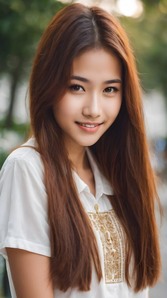 very cute asia teen girl, long straight amber hair, portrait shot, detailed face, detailed brown eyes, smile very happy, perfect curved body, white tight short shirt