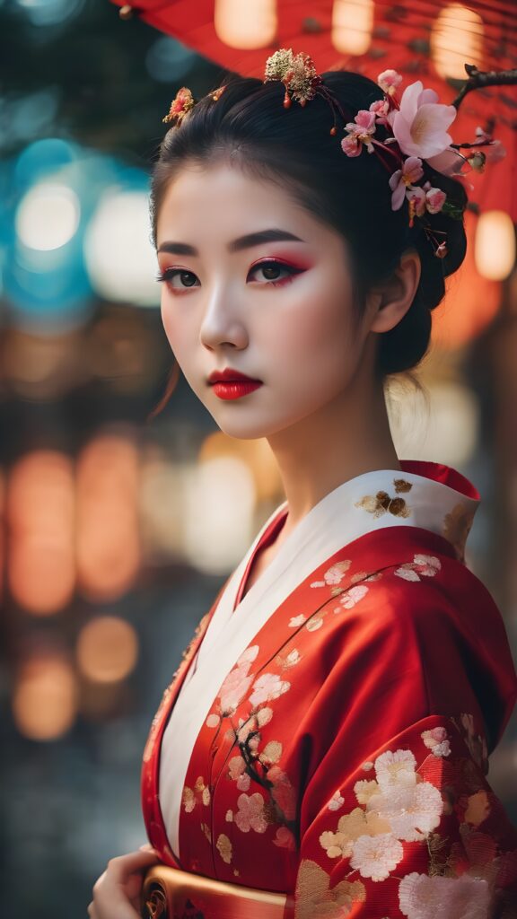 realistic cute geisha teen girl, realistic and detailed eyes, detailed face, cinematic lights, full body shot, perfect curved body
