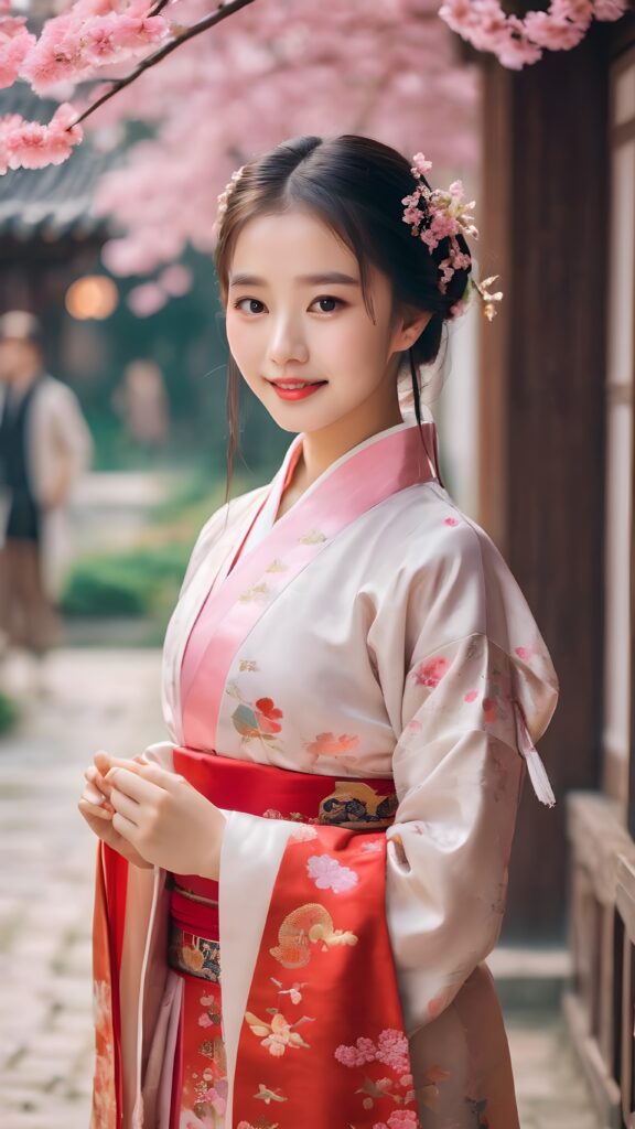 realistic cute hanfu teen girl, realistic and detailed eyes, smile, detailed face, cinematic lights, full body