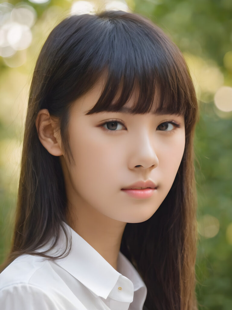 a realistic, Asian teen girl, 13 years old, straight hair, bangs cut, portrait side shot, perfect curved body, (wears a super short tight (white shirt)), perfect anatomy, white background, side perspective