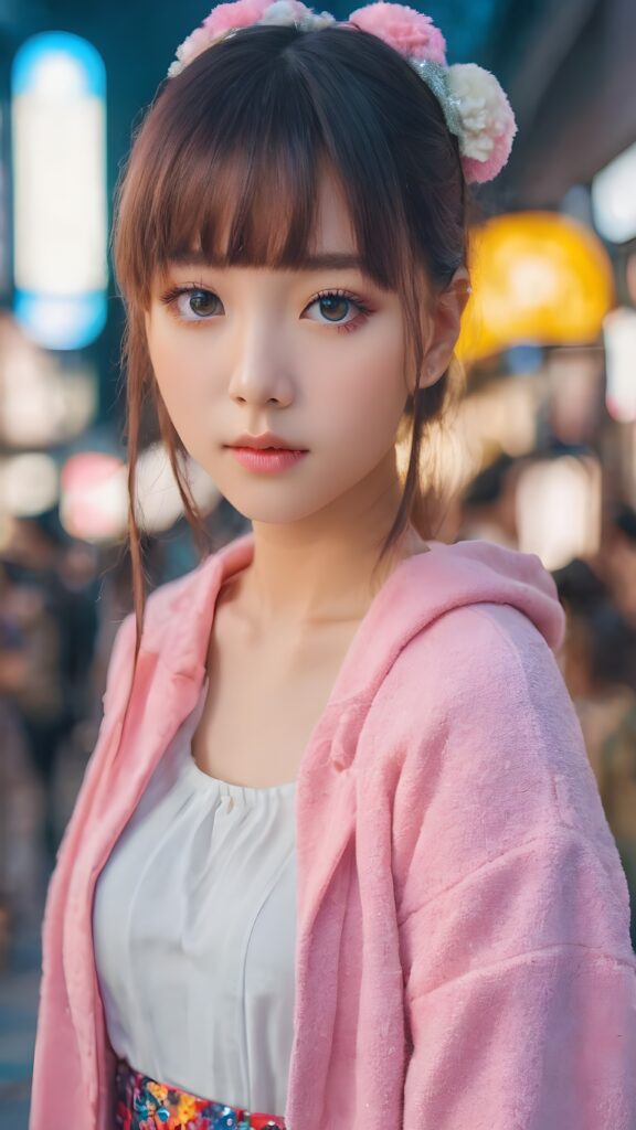 realistic cute harajuku girl, realistic and detailed eyes, detailed face, cinematic lights, full body shot, perfect curved body