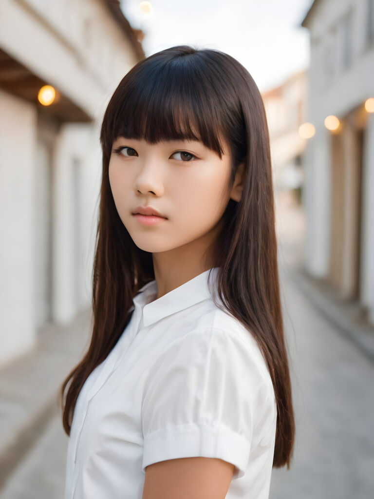 a realistic, Asian teen girl, 13 years old, straight hair, bangs cut, portrait side shot, perfect curved body, (wears a super short tight (white shirt)), perfect anatomy, white background, side perspective