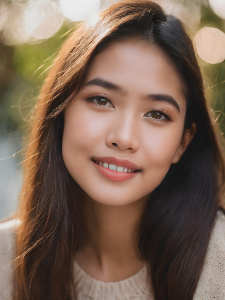 a stunning portrait (((ultra realistic professional photograph))) ((cute)) ((gorgeous)) excellently capturing an amiable, young Filipino teen girl, straight hair, round face, full lips, smile, side view