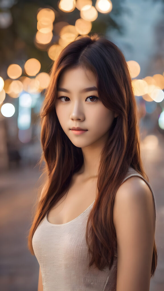super realistic, cinematic lights, detailed face, perfect curved body, cute 16 years old asia girl, long detailed straight amber hair, brown detailed eyes, wear short tight tank top, looks sadly at the camera, portrait shot
