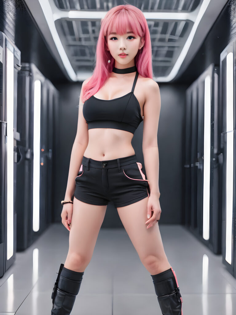 ((full body)) ((cute)) (((gorgeous)) ((stunning)) a young babe with pink strait hair, bangs cut, dressed with (super short (black crop top)) and ((short black pants)), posing in a futuristic data center