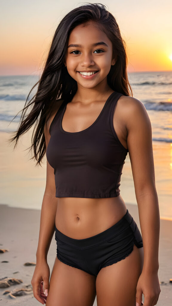a cute (((brown-skinned teen girl))), smile, straight black long hair, who exudes an air of seduction with a (((cropped tank top))), exhibiting a perfect curved body, (at beach, beautiful sunset)