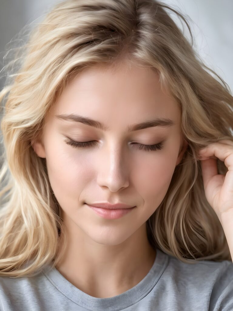 a very nice young girl is sleeping, portrait shot, her blond messy hair falls over her shoulders, warm smile, closed eyes, she wears a grey t-shirt
