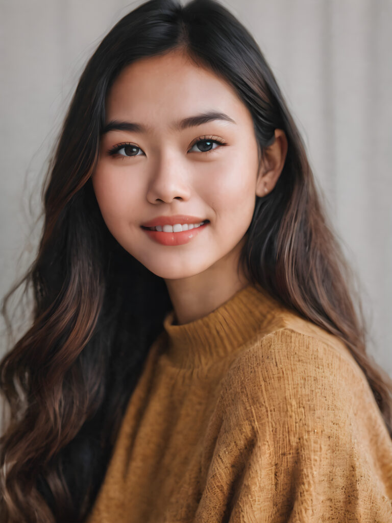 a stunning portrait (((ultra realistic professional photograph))) ((cute)) ((gorgeous)) excellently capturing an amiable, young Filipino teen girl, straight hair, round face, full lips, smile, side view