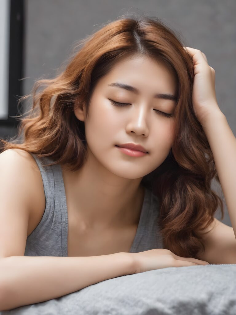 a very nice young Japanese girl is sleeping, portrait shot, her hazelnut hair falls over her shoulders, warm smile, closed eyes, she wears a grey tank top
