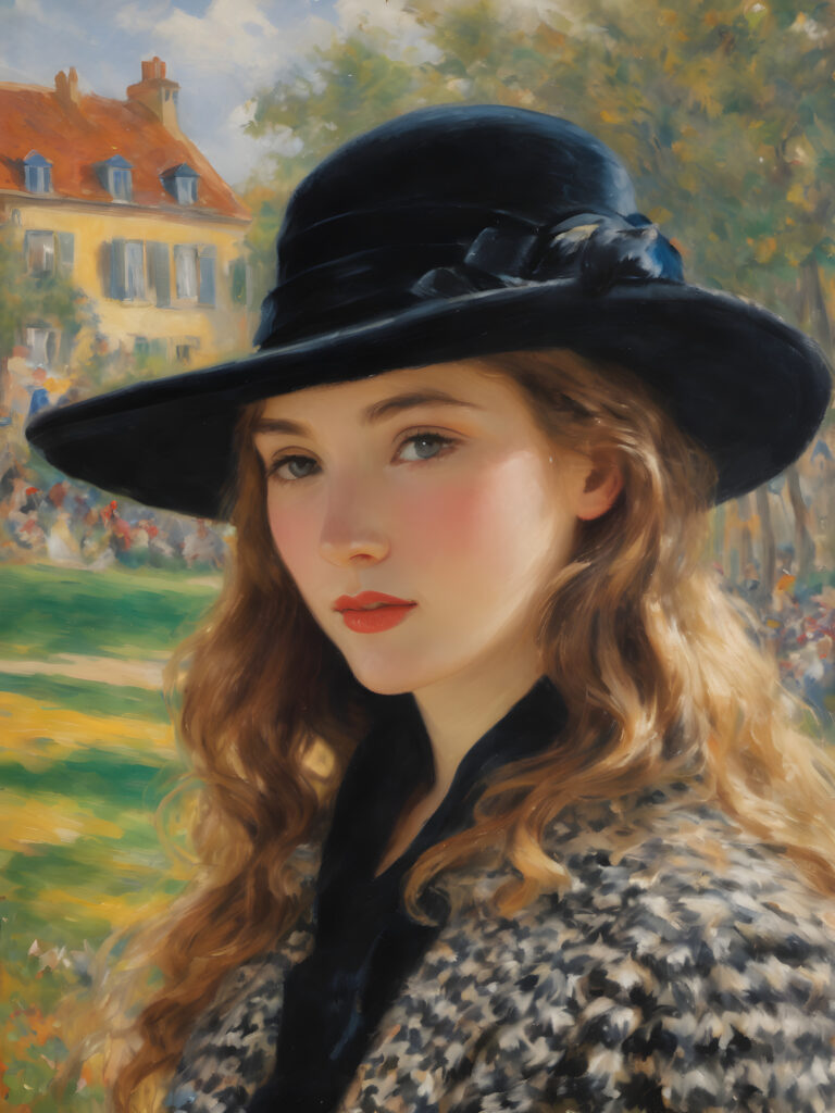 a delightfully detailed (((painted scene))) by Pierre-Auguste Renoir, representing a young girl of 5 in the 1930s, dressed in a long coat with a classic (((pied de poule pattern))), pairing it with a petite, yet luxurious (((velvet black hat))), exuding an air of whimsy and nostalgia, with vibrant pastel hues that perfectly capture every intricate detail, achieving an (8K resolution) that is both crisp and clear, embodying a level of realism that makes the scene all the more adorable
