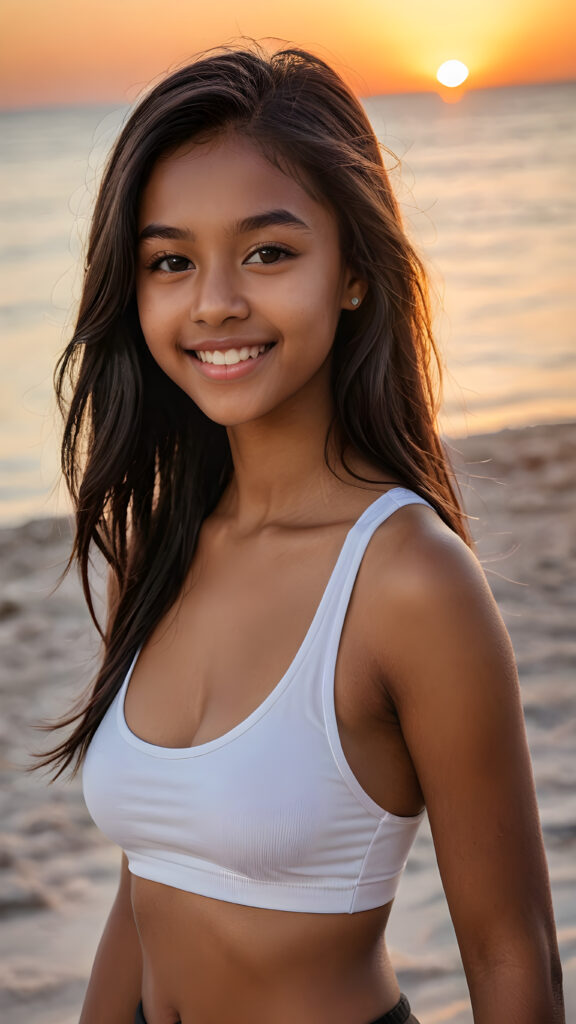 a cute (((brown-skinned teen girl))), smile, straight black long hair, who exudes an air of seduction with a (((cropped tank top))), exhibiting a perfect curved body, (at beach, beautiful sunset)