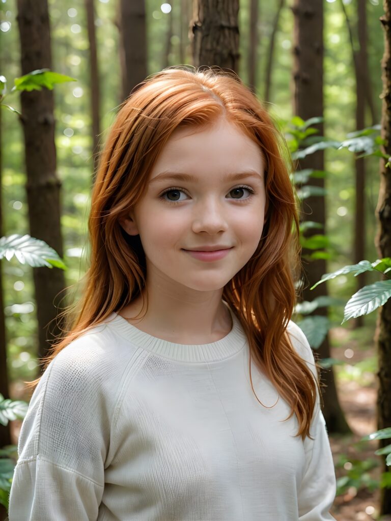 super realistic and detailed portrait: a (((cute little red-haired teen girl, 14 years old with perfect, fit curved body))), her shoulder-length soft hair framing her smile, full kissable soft lips, stands confidently in a (((natural forest))), ((round, angelic face)), ((she is wearing a soft, white sweater)) ((perfect shadows and light)) ((view from above))