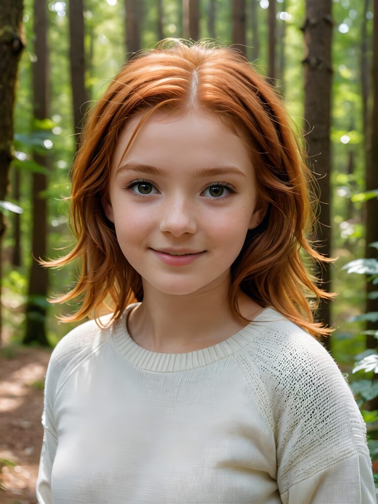 super realistic and detailed portrait: a (((cute little red-haired teen girl, 14 years old with perfect, fit curved body))), her shoulder-length soft hair framing her smile, full kissable soft lips, stands confidently in a (((natural forest))), ((round, angelic face)), ((she is wearing a soft, white sweater)) ((perfect shadows and light)) ((view from above))