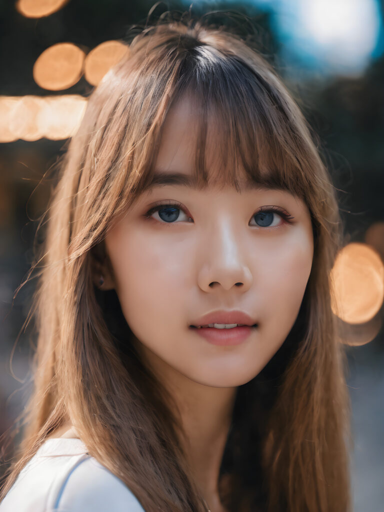 a stunning portrait (((ultra realistic professional photograph))) ((cute)) ((gorgeous)) excellently capturing an amiable, young Korean girl, crop top, blond long straight hair, bangs cut, full lips, blue eyes, smile, side view
