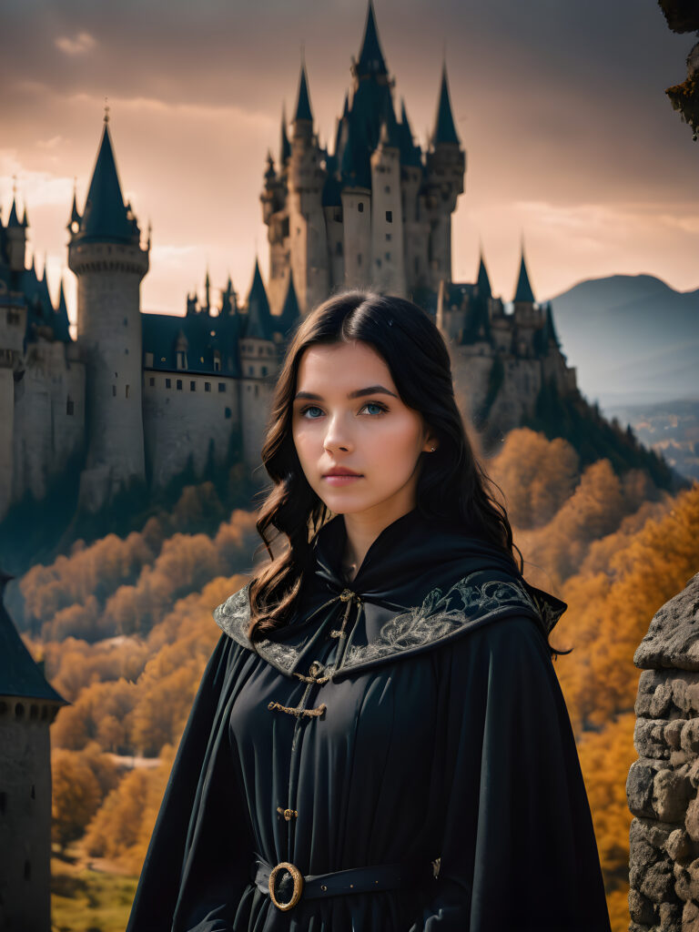 a sweet young girl wears a black magic cloak, has black hair and stands in front of a huge castle.