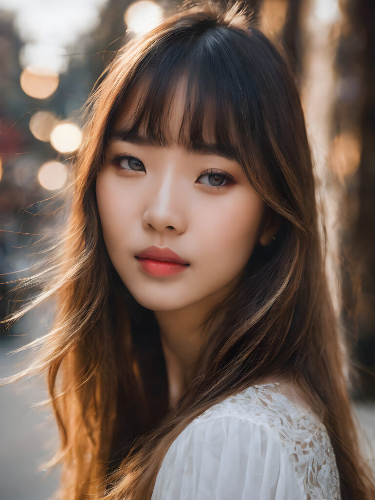 a stunning portrait (((ultra realistic professional photograph))) excellently capturing an amiable, 15 years old Asian girl, blond long straight hair, bangs cut, full lips, blue eyes, smile, side view