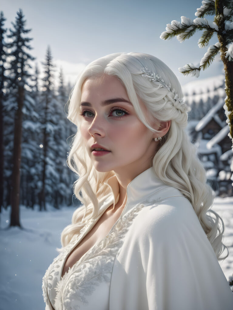 a girl with white hair, white dressed, in snow