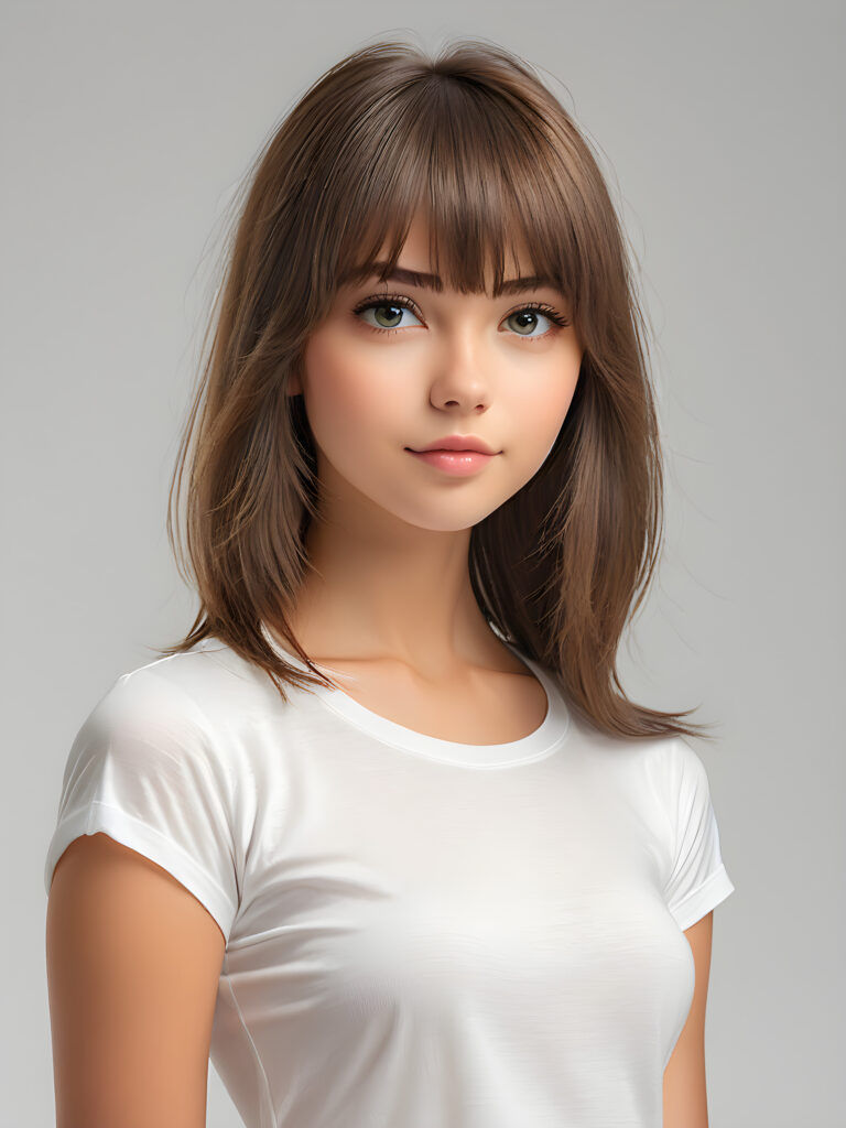 ((portrait)) of (((cute))) (((elegant))) ((attractive)) (((long, straight hair))) ((stunning)) a beautifully realistic, cinematic lights, teen girl, 15 years old, bangs cut, realistic detailed angelic round face, ((realistic detailed eye)) look at the camera, portrait shot, perfect curved body, (wears a super short tight (white t-shirt) made on thin silk), perfect anatomy, white background, side perspective, ((no background))