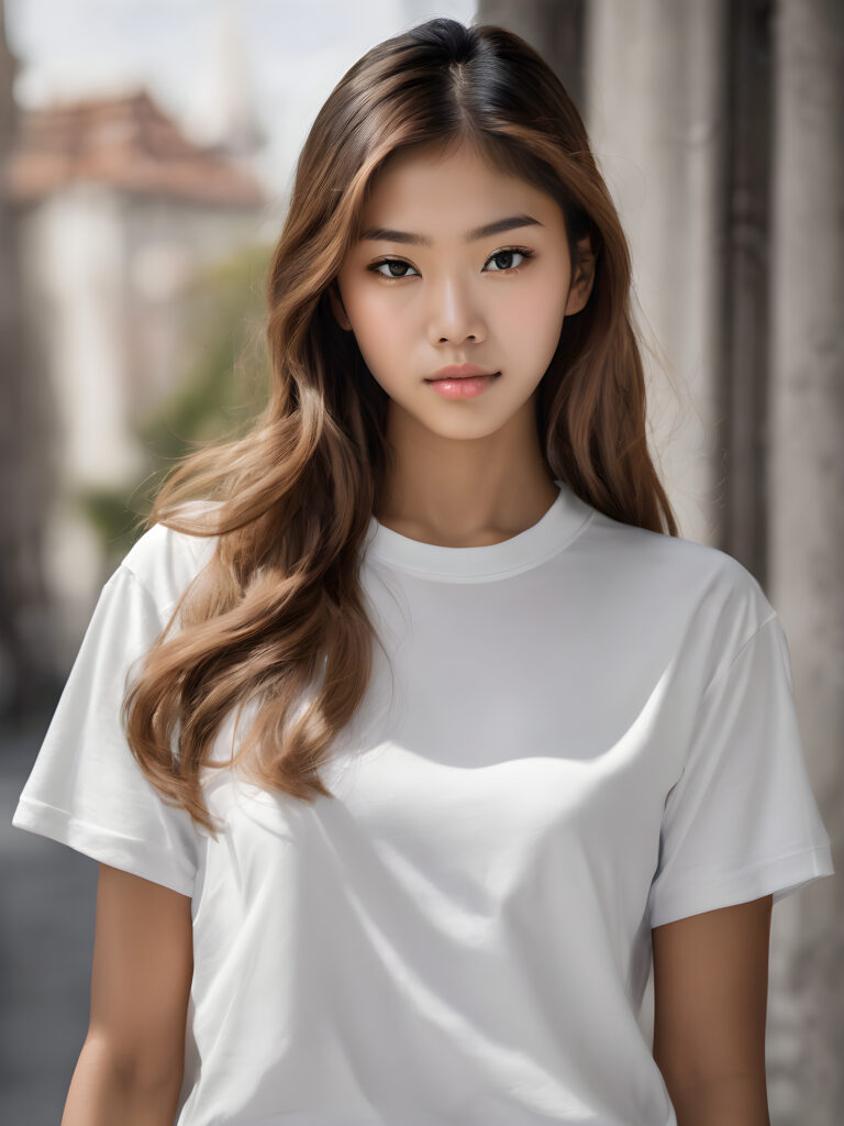 a breathtakingly (((realistic portrait))), capturing the essence of youthful beauty, featuring a (((Burmese teen girl))) who exudes (((serene elegance))), with long, flowing (((straight hazelnut hair))), and a (((flawlessly detailed angelic face))), where her (((soft, realistic hazelnut eyes)) ) gaze sadly towards the viewer from a (side perspective). She is clad in a (super short, sharply tailored (((white T-shirt))), cut from thin silk), with flawless anatomical proportions that draw the eye, against a (subtle, uncluttered backdrop of white). The overall atmosphere evokes a (cinematic sophistication) that exudes timeless appeal.