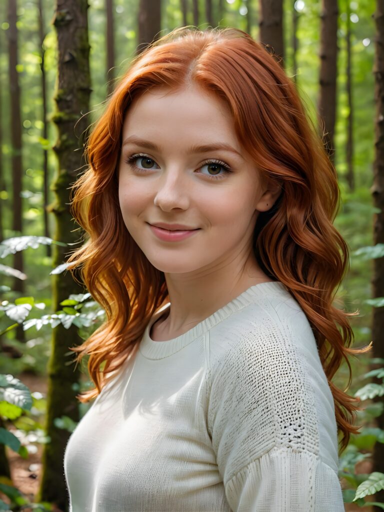 super realistic and detailed portrait: a (((cute little red-haired woman, 24 years old with perfect, fit curved body))), her shoulder-length soft hair framing her smile, full kissable soft lips, stands confidently in a (((natural forest))), ((round, angelic face)), ((she is wearing a soft, white sweater)) ((perfect shadows and light)) ((view from above))