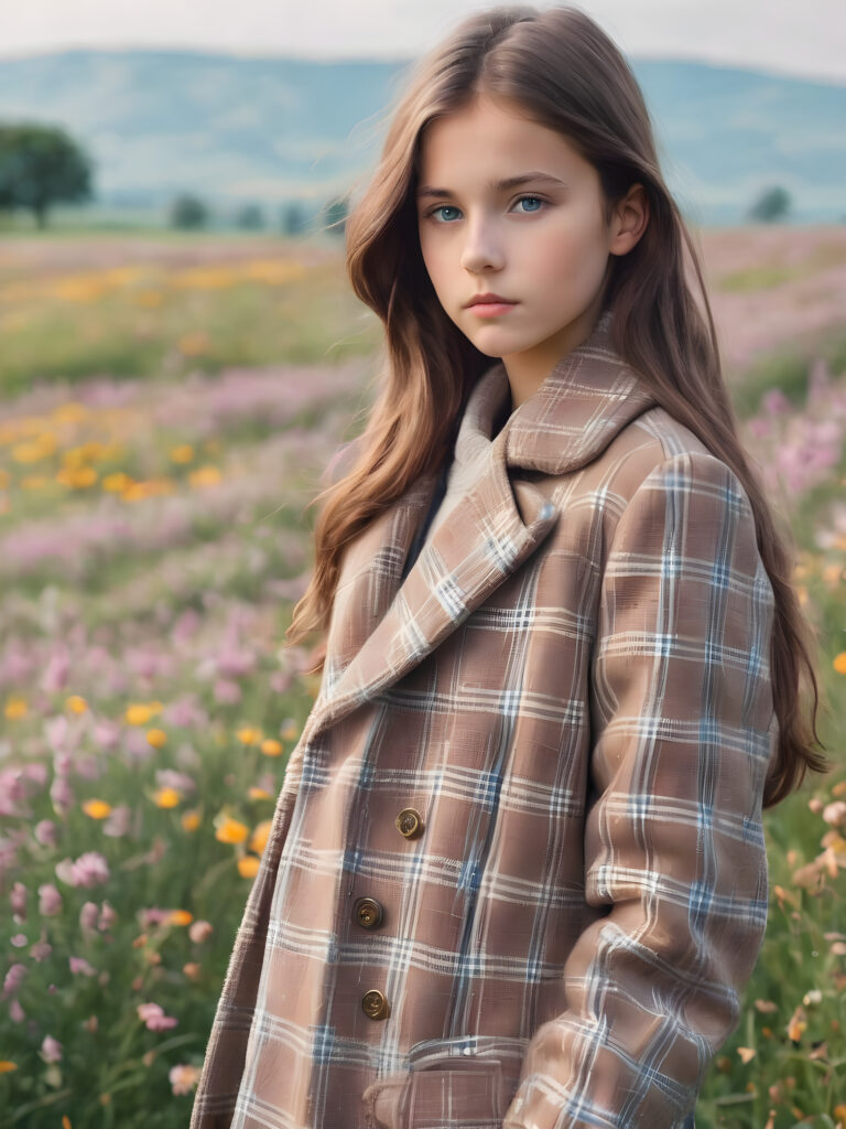 a detailed perfect portrait with pastel colors, young girl, 13 years old, stands in a flower meadow. She wears a ((checkered coat in brown and grey)) and black shirt, she look at the viewer, detailed shiny straight brown hair, blue eyes, round detailed face