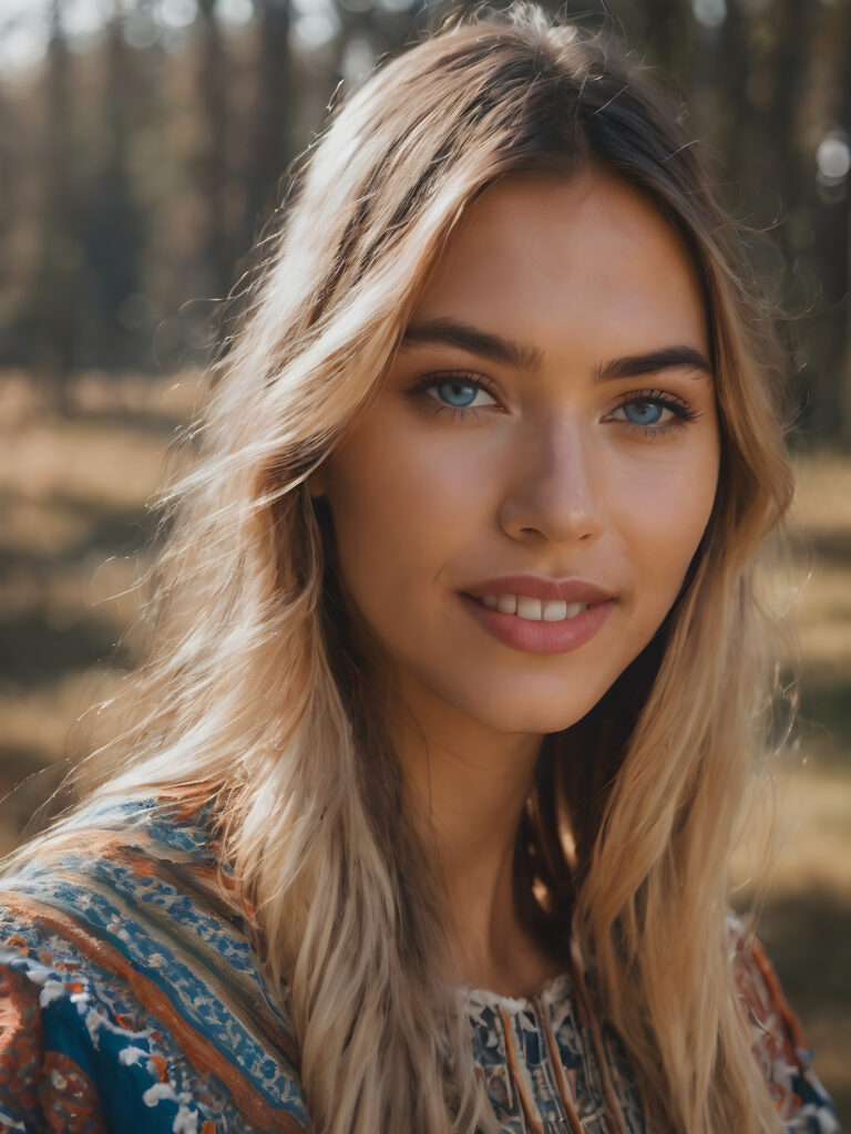 a stunning portrait (((ultra realistic professional photograph))) ((cute)) ((gorgeous)) excellently capturing an amiable, young (native american style) girl, crop top, blond long straight hair, bangs cut, full lips, blue eyes, smile, side view