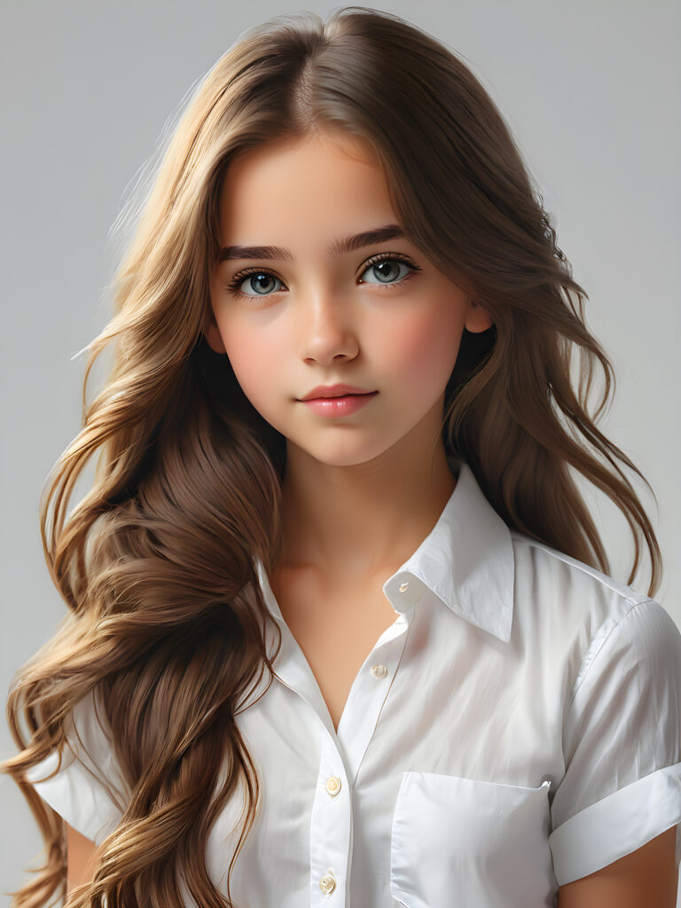 super realistic, detailed portrait, a beautiful young girl with long hair looks sweetly into the camera. She wears a white shirt
