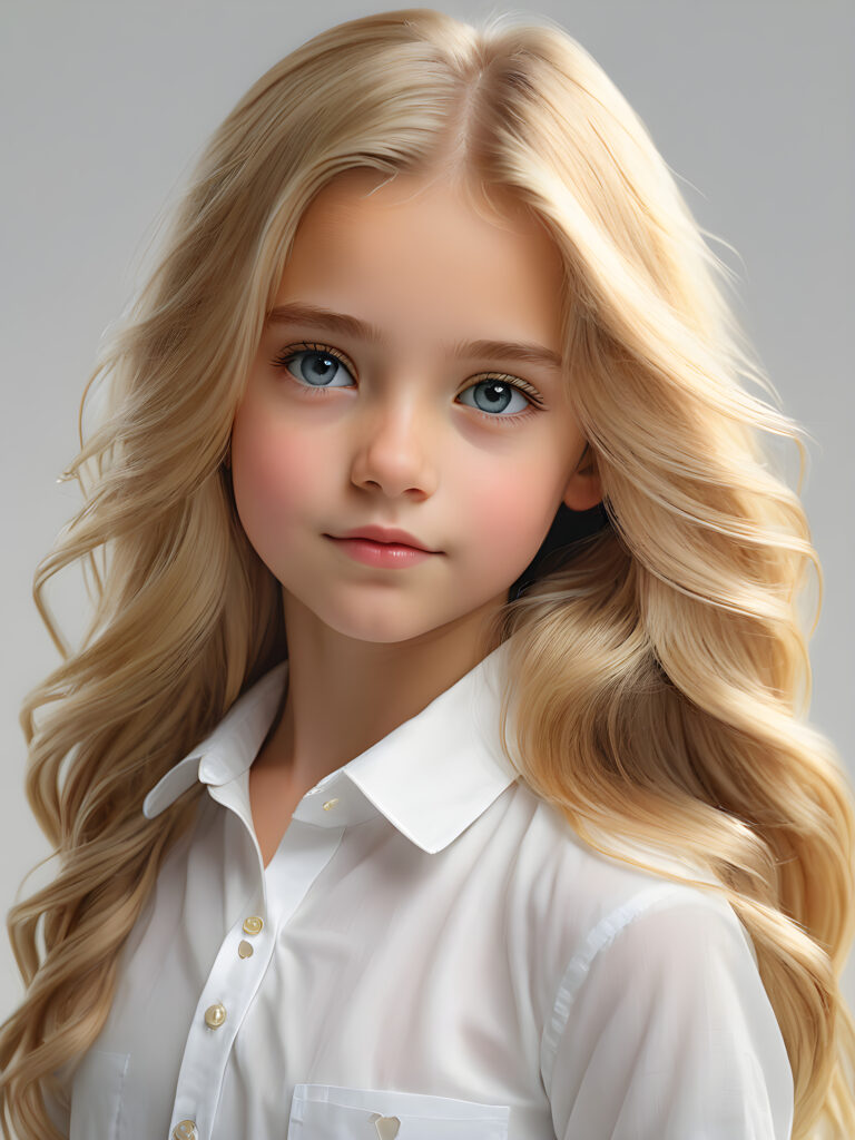 super realistic, detailed portrait, a beautiful young girl with long blond hair looks sweetly into the camera. She wears a white shirt