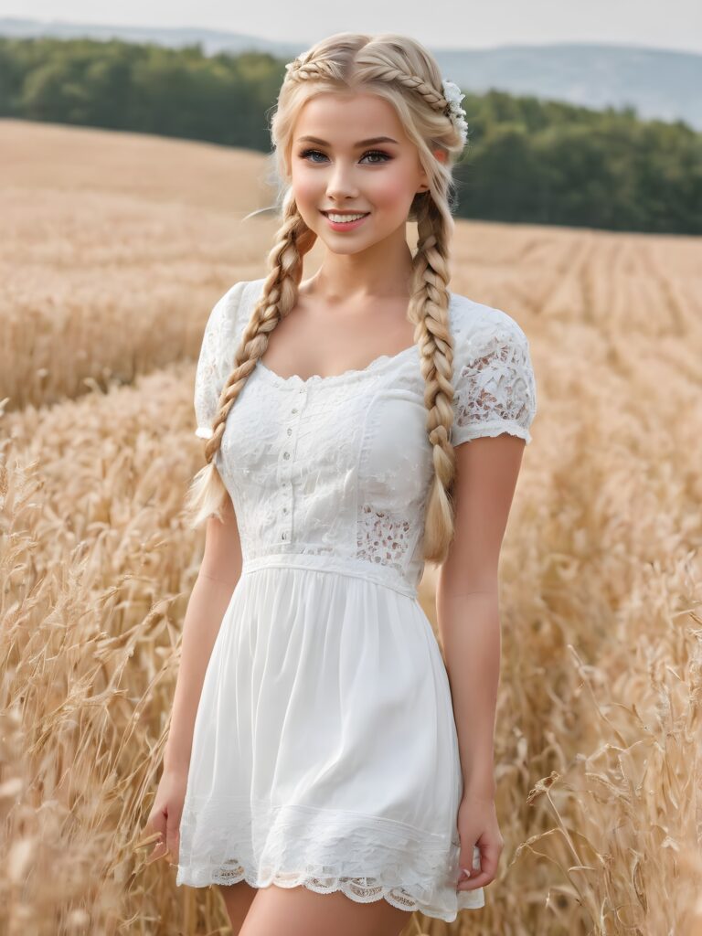 ((gorgeous)) ((stunning)) an ultra high definition, intricate details that make the scene feel hyper-realistic, with a close-up full body shot of a (((cute girl))), 18 years old, blond hair, (two braids of hair), showing off her legs as (((fully clothed))) while maintaining a playful smile, wears a elegant dress in red and white, stand in a field