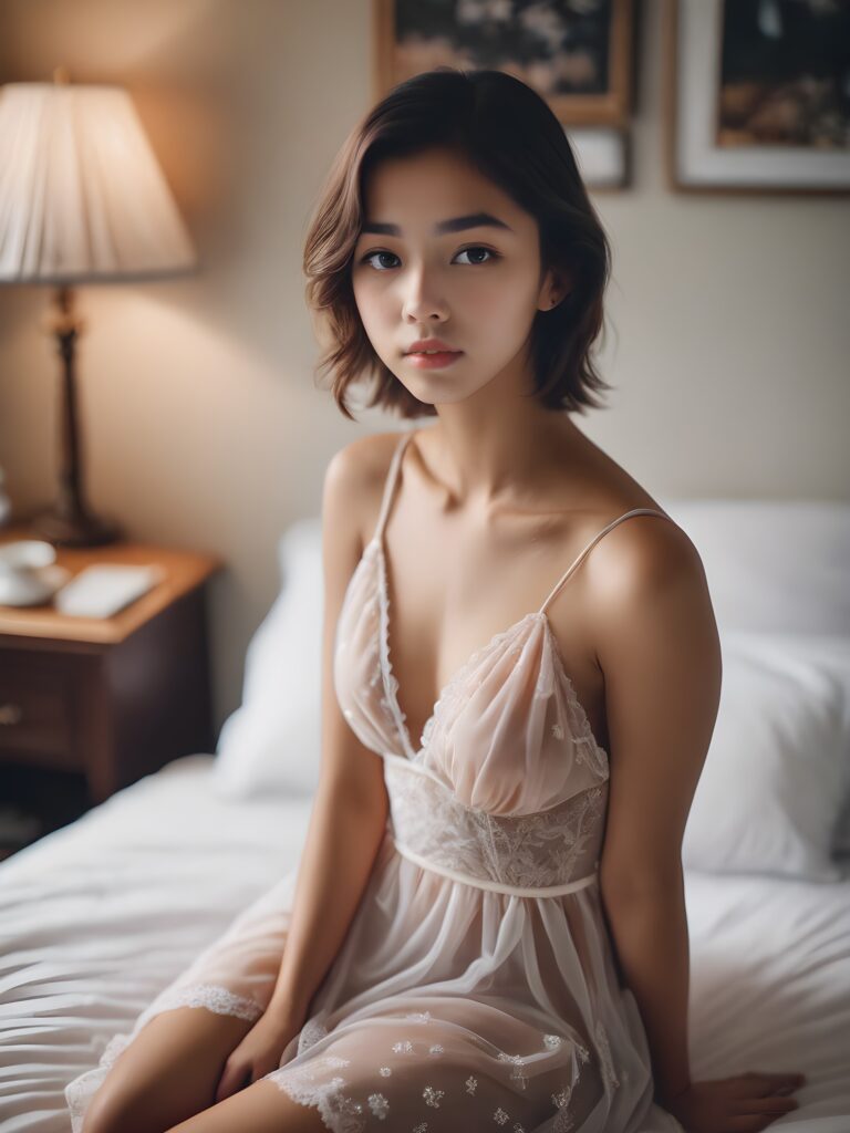 a young 18-years-old Princess, getting ready for bed in a short, translucent low cut nightgown.