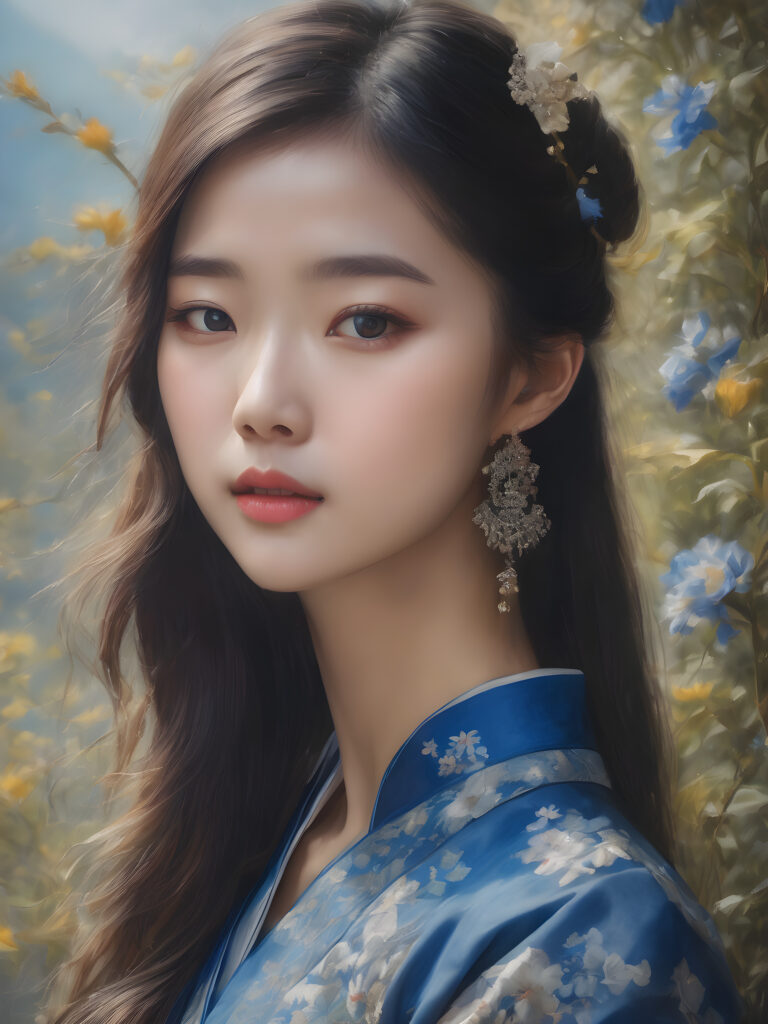 ((gorgeous)) ((attractive)) ((stunning)) ((young)) china girl, classic dressed, blue flowers, pencil drawing