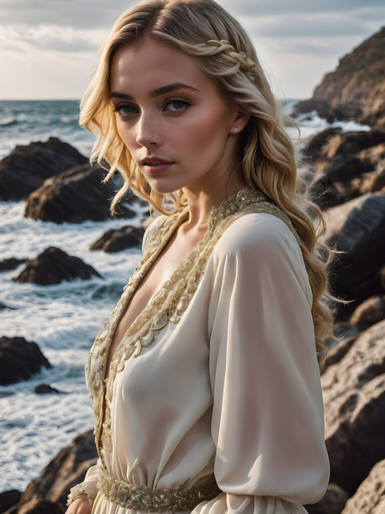 a beautiful, young woman, is on a rock. She wears blonde, long hair and is thin dressed, the waves break on the rocks.
