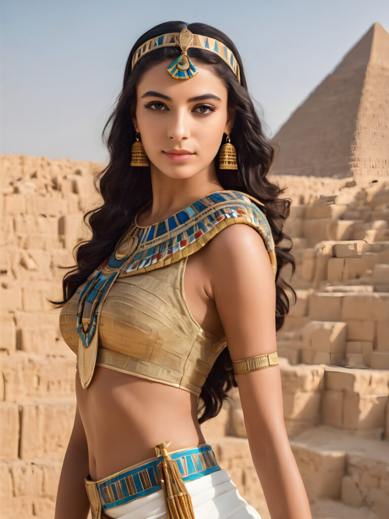 ((wide angle shot)) ((cute)) (((gorgeous)) ((stunning)) a classic Egyptian girl who resembles Cleopatra poses in front of a pyramid and looks sideways at the viewer, perfect detailed body, warm smile, detailed color, masterpiece of picture