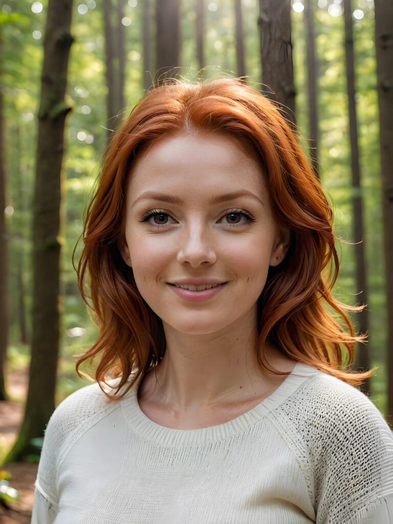 super realistic and detailed portrait: a (((red-haired woman, 34 years old with perfect, fit curved body))), her shoulder-length soft hair framing her smile, full kissable soft lips, stands confidently in a (((natural forest))), ((round, angelic face)), ((she is wearing a soft, white sweater)) ((perfect shadows and light)) ((view from above))