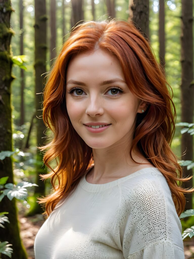 super realistic and detailed portrait: a (((red-haired woman, 34 years old with perfect, fit curved body))), her shoulder-length soft hair framing her smile, full kissable soft lips, stands confidently in a (((natural forest))), ((round, angelic face)), ((she is wearing a soft, white sweater)) ((perfect shadows and light)) ((view from above))