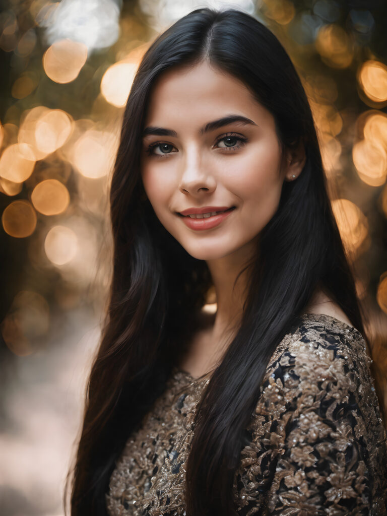 a stunning portrait (((ultra realistic professional photograph))) excellently capturing an amiable, 15 years old girl, black long straight hair, full lips, smile, side view