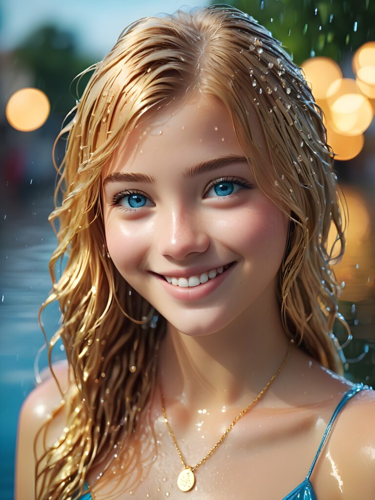 ((realistic, detailed)) ((stunning)) portrait, a young teen girl, 16 years old, perfect curved body, smile, straight gold hair, blue eyes, detailed face, wet hair, wet skin, wet body