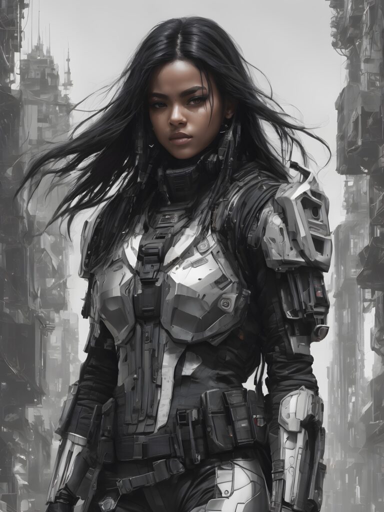 ((detailed)) a dark young girl in a battle suit in cyber punk style, she has long hair, full body shot, black and white pencil draw