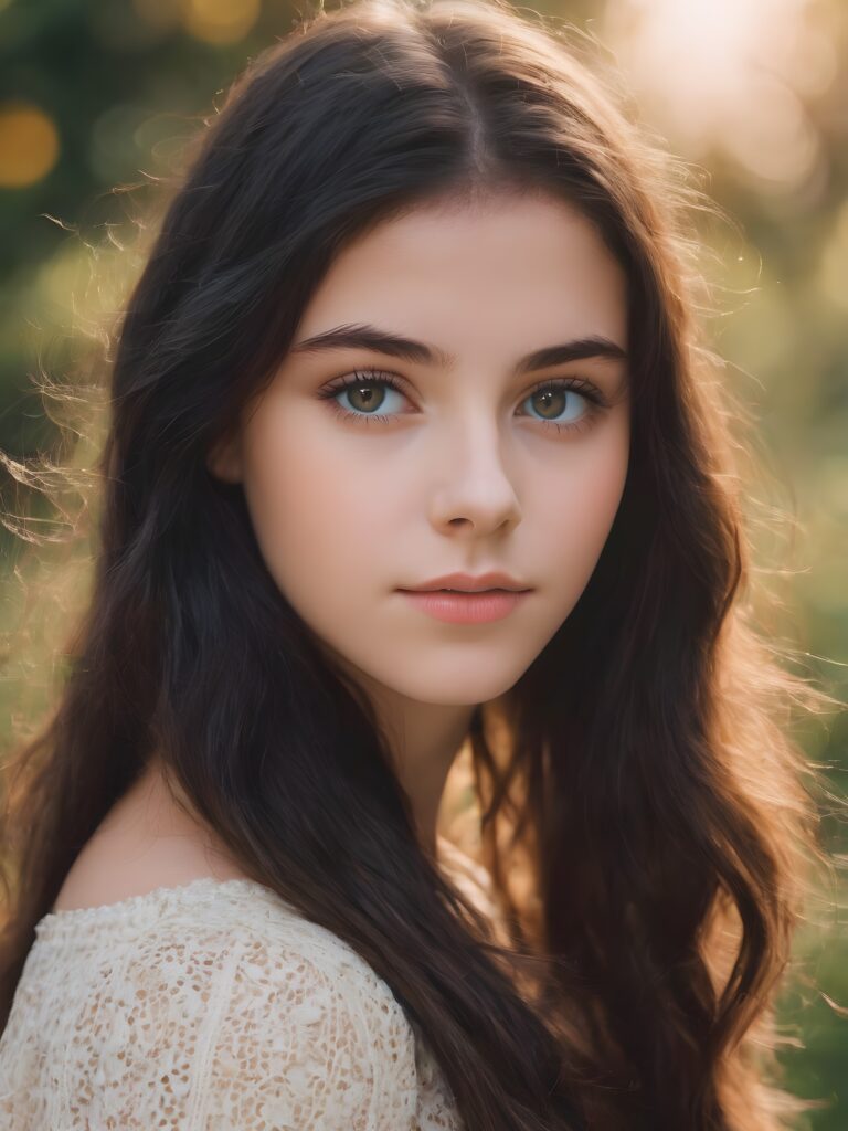 a beautiful young teen girl with dark hair and big saucer eyes looks sweetly into the camera