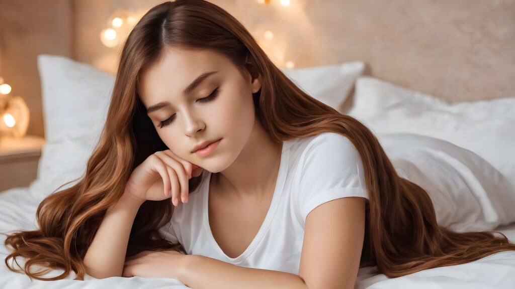 (((cute))) (((long, straight hazelnut hair))) ((stunning)) a (((professional night photograph))) sleeping in a confortable bed, closed eyes, ((teen girl)), 15 years old, bangs cut, realistic detailed angelic round face, ((realistic detailed)), (wears a super short tight (white t-shirt) made on thin silk)