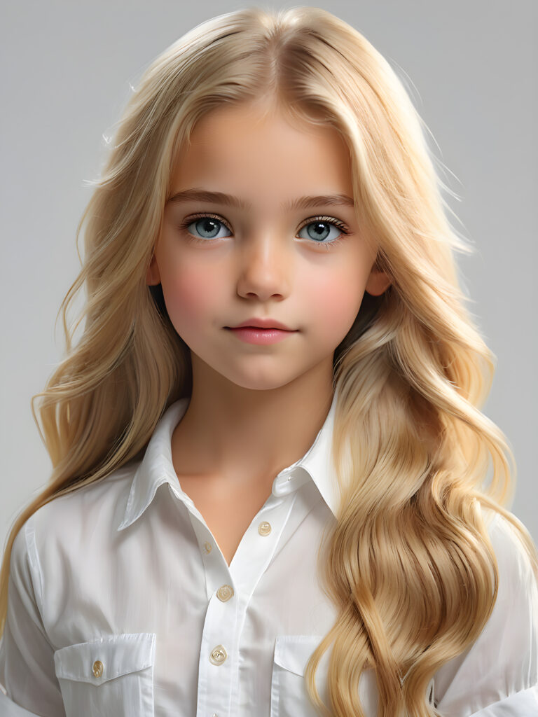 super realistic, detailed portrait, a beautiful young girl with long blond hair looks sweetly into the camera. She wears a white shirt