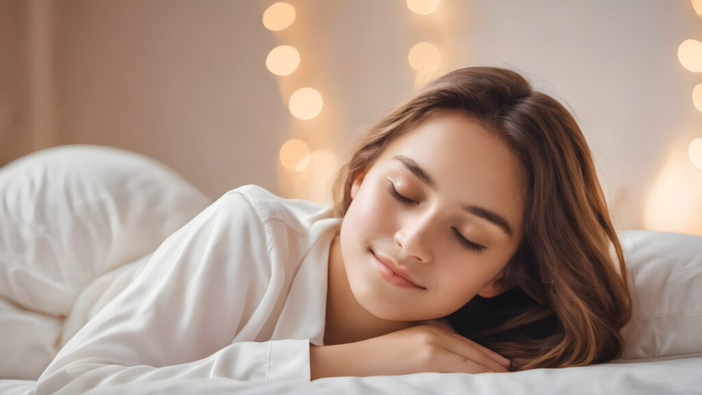 portrait of a cute sleeping teen girl, very happy, white night suit made of silk, closed eyes, in an comfortable bed, warm smile, sweet dream, side view, head on pillow