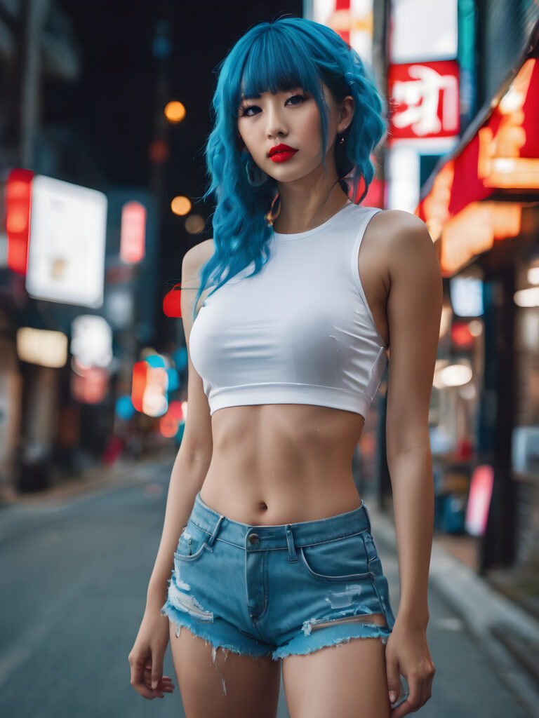 ((full body photo)) of a (posh) Japanese busted model ((confidently)) posing in the street, long ((neon blue hair, bangs cut)), ((red lipstick)), ((short spandex crop top)), ((white tattered shorts))