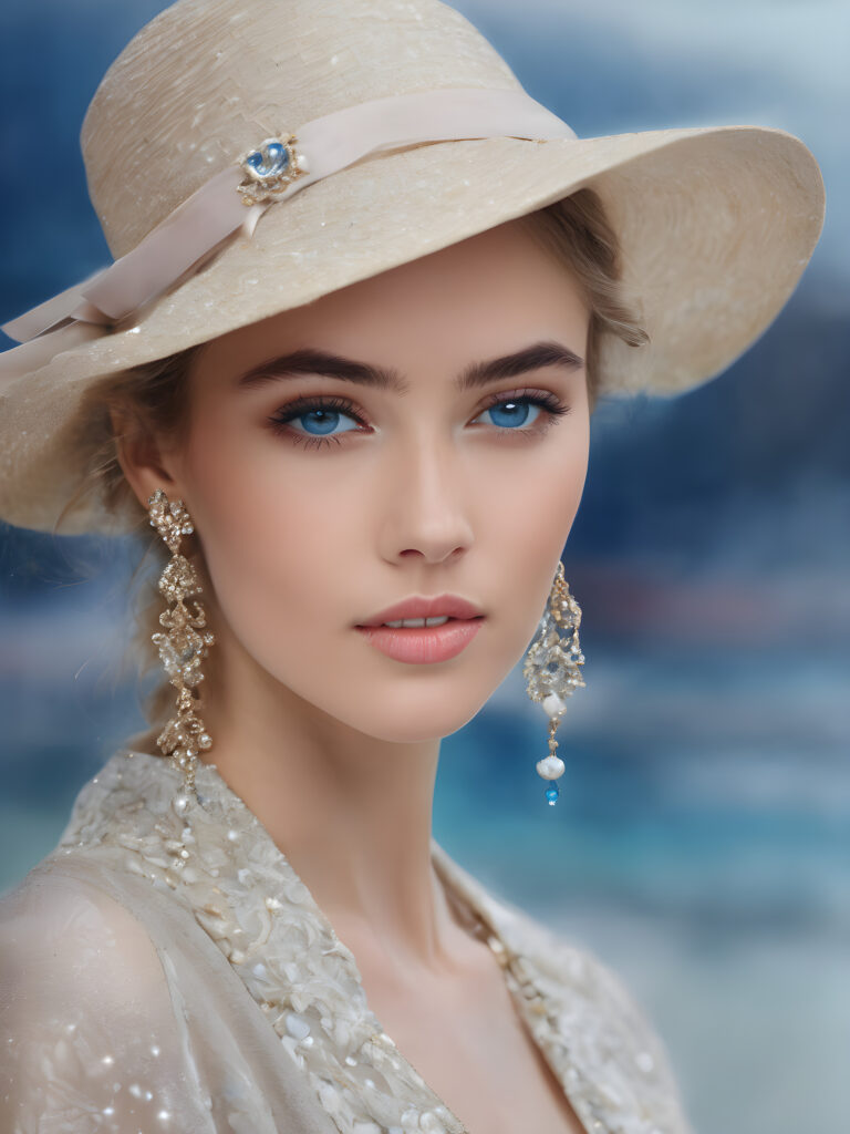 a breathtakingly beautiful (((female model))) with one visible shoulder, wearing a sleek hat and a ((blurry, blue-eyed backdrop)), accessorized with delicate jewelry and (((barely noticeable)) earrings), all against a softly diffused (+SSXL Professional Photo realistic Diffusion: 1.2+) backdrop that exudes high definition and excellent quality. The advanced prompt communicates the advanced level of realism and excellence required for this advanced prompt