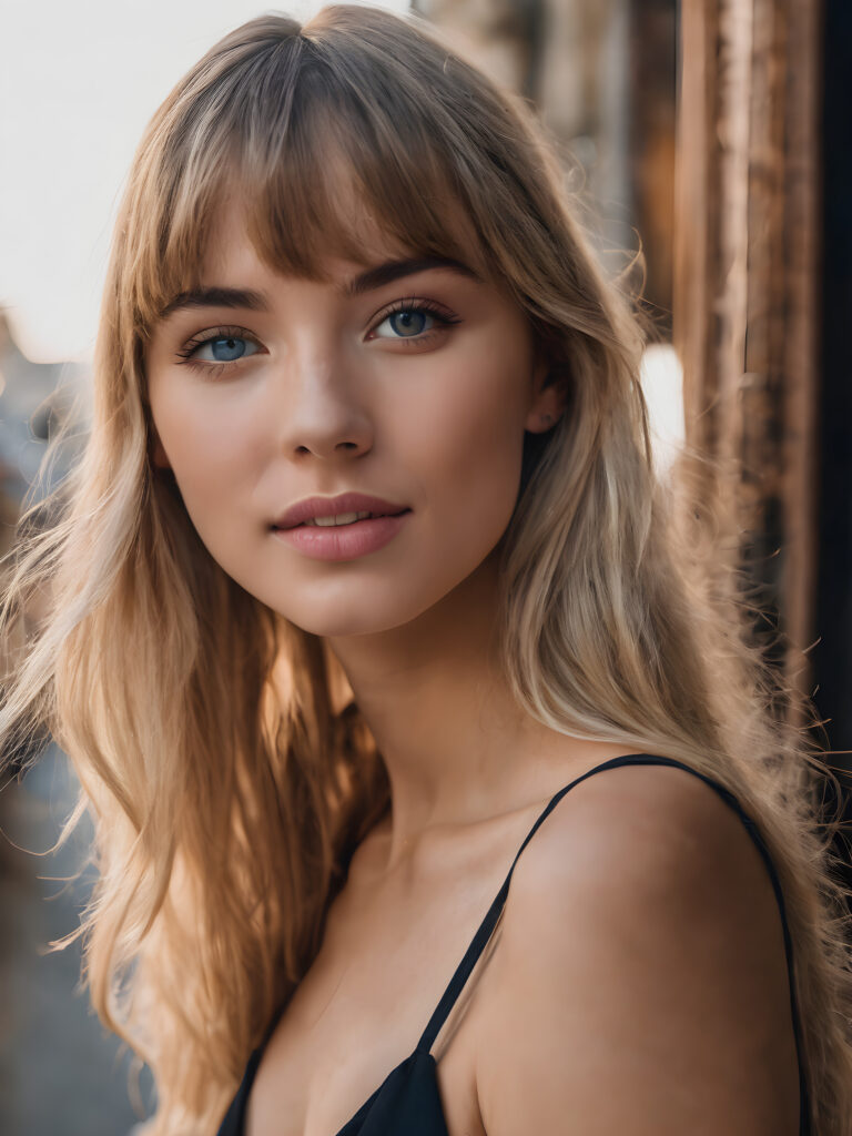 a stunning portrait (((ultra realistic professional photograph))) ((cute)) ((gorgeous)) excellently capturing an amiable, young Exotic girl, crop top, blond long straight hair, bangs cut, full lips, blue eyes, smile, side view