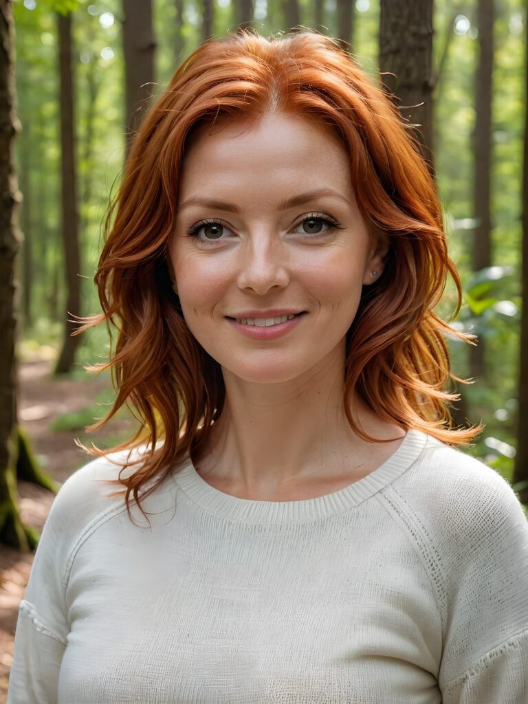 super realistic and detailed portrait: a (((red-haired woman, 44 years old with perfect, fit curved body))), her shoulder-length soft hair framing her smile, full kissable soft lips, stands confidently in a (((natural forest))), ((round, angelic face)), ((she is wearing a soft, white sweater)) ((perfect shadows and light)) ((view from above))