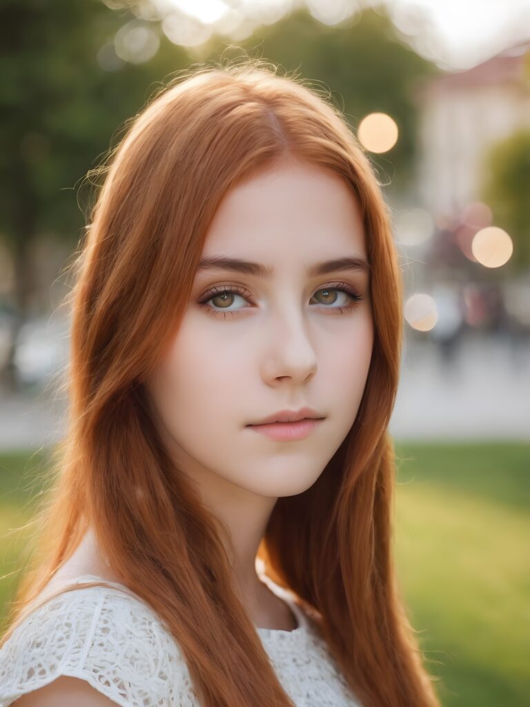 a beautiful young teen girl with amber hair and big saucer eyes looks sweetly into the camera
